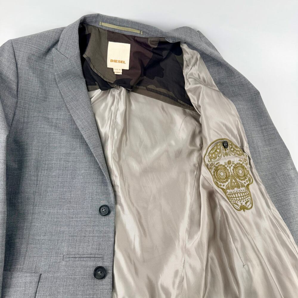 Diesel Wool Blend Blazer Men's M Grey Sport Coat Skull Embroidered Lining Rocker